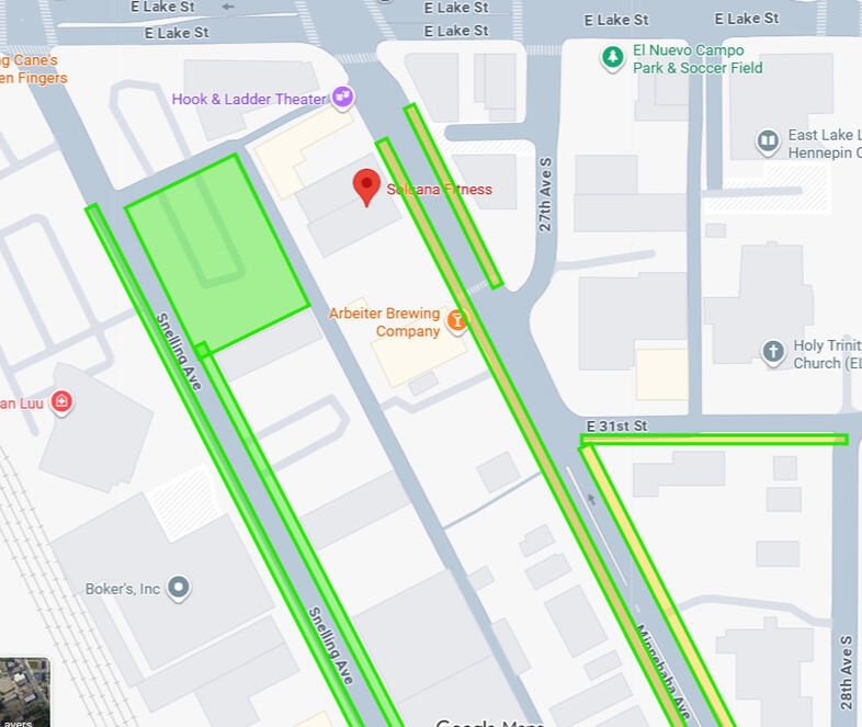 Map showcasing parking options near Solcana Fitness.